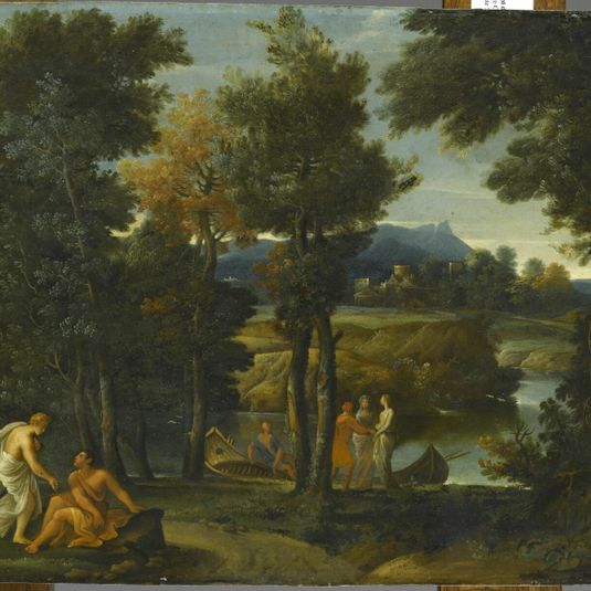 Landscape with figures dressed in antique style on the banks of a river