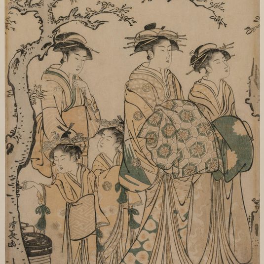 The Courtesan Senzan of Chojiya Strolling with her Kamuro Yasono and Yasoji and Two Shinzo