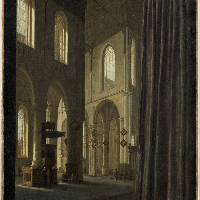 Church interior partially hidden by a curtain