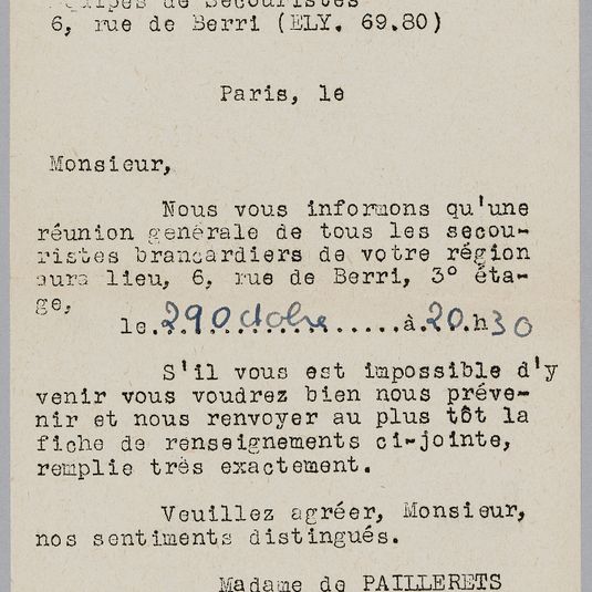 Papillon de convocation "CRF Équipes de Secouristes" pour une réunion générale de tous les secouristes brancardiers au 6, rue de Berri