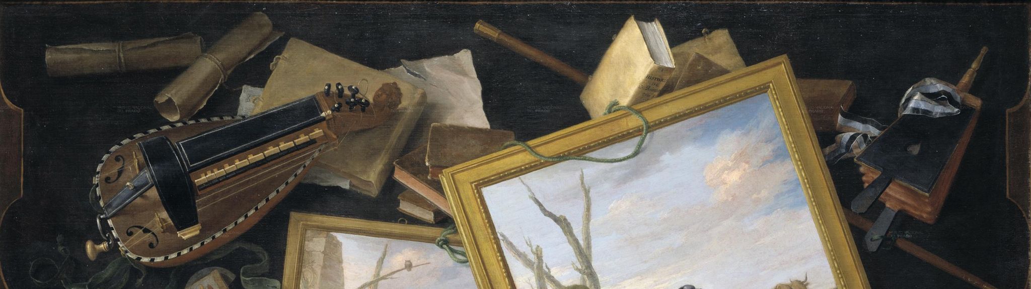 Trompe-l'œil of a Table in a Mess with Paintings, a Hurdy-Gurdy, Books and Other Objects