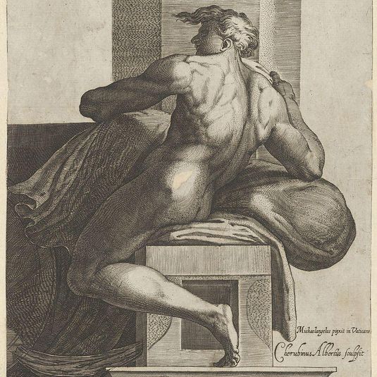 A naked man (Ignudo), seated and facing left, after Michelangelo's 'The Last Judgment' fresco in the Sistine Chapel