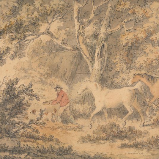 Landscape with Horses, Farmer and Dog