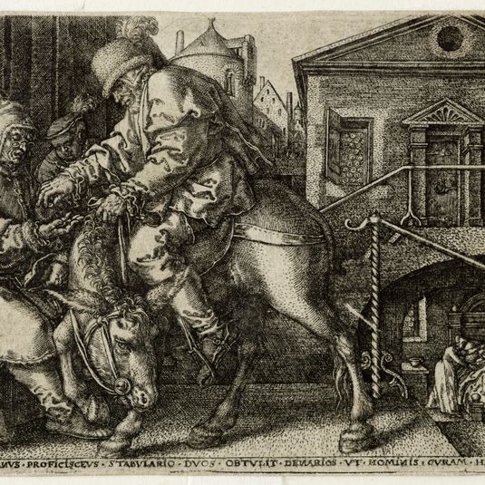 Parabole du Bon Samaritain n°4 : Le Bon Samaritain le dépose à l'auberge (Hollstein 43)