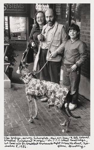 Elsa Dorfman, Harvey Silverglate, their son Isaac & late beloved brindled Greyhound "Moozer" on J.F.K. Street Cambridge, we came out for breakfast croissants right across the street, November 8, 1986.