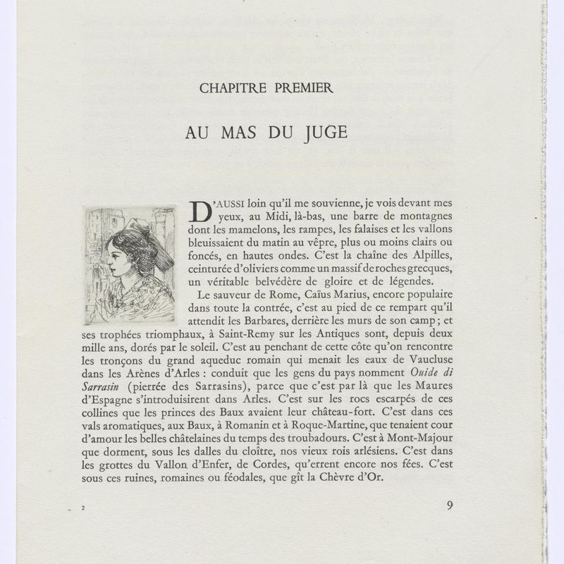 Frédéric Mistral: Mémoires et Recits by Frédéric Mistral: bust of woman in profile (page 9)