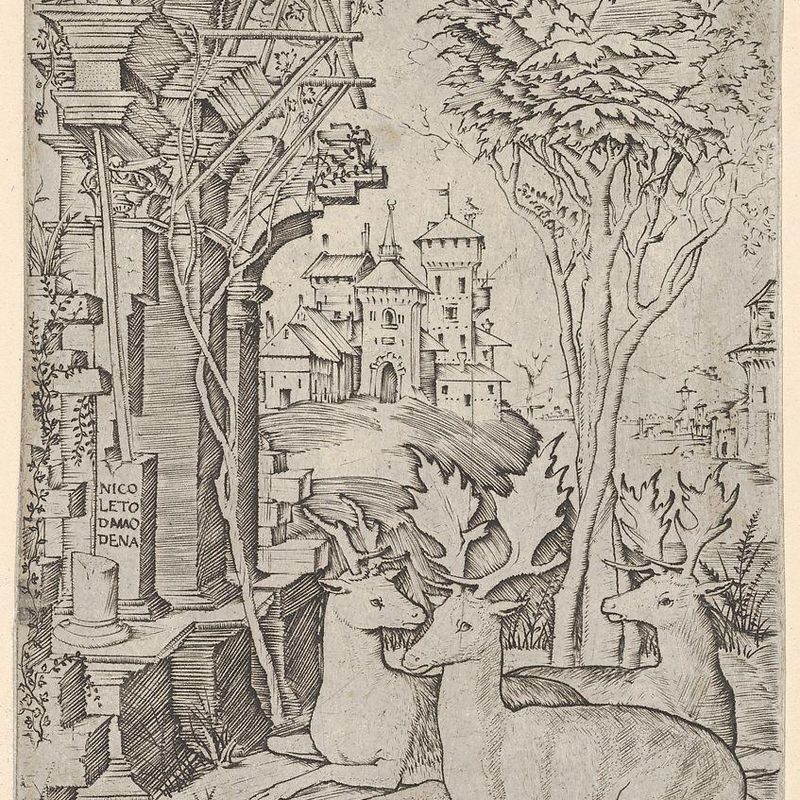 Three Stags, sitting in the ground, buildings in background