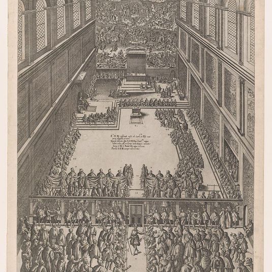 Speculum Romanae Magnificentiae: A Papal Gathering in the Sistine Chapel, Michelangelo's Last Judgement on the back wall; the crowd looks on through a screen