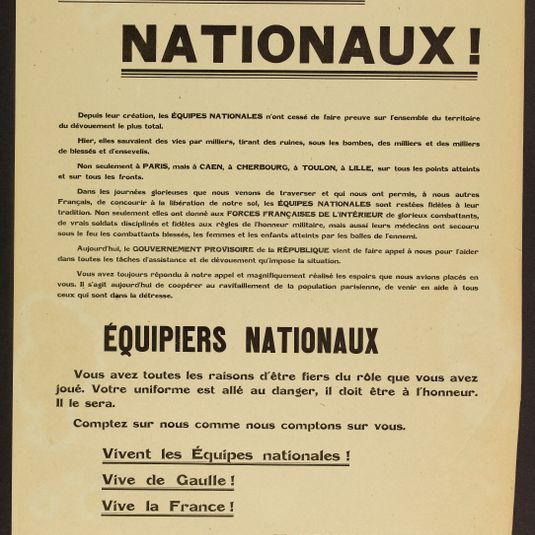 EQUIPIERS/ NATIONAUX!/ Depuis leur création, les EQUIPES NATIONALES n'ont cessé de faire preuve sur l'ensemble du territoire/ du dévouement le plus total.