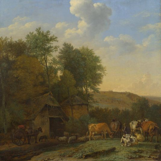 A Landscape with Cows, Sheep and Horses by a Barn