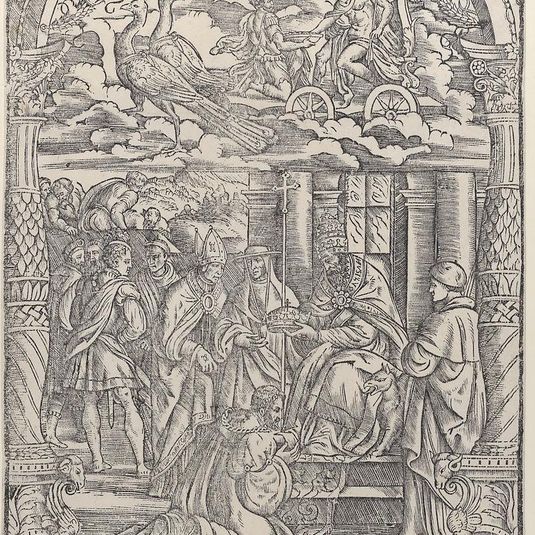 Jupiter in a Chariot Drawn by Two Peacocks above, a king being crowned by a Pope below, from 'The Seven Planets'