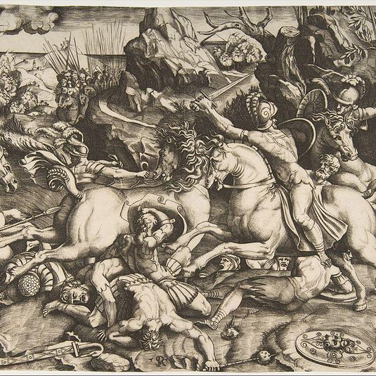 Battle scene in a landscape with soldiers on horseback and several fallen men, another group of riders in the background