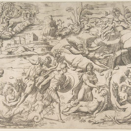 Mars and Rhea Silvia: in the centre Mars holds a shield and sword, Rhea Silvia sleeping, Apollo in his chariot upper left