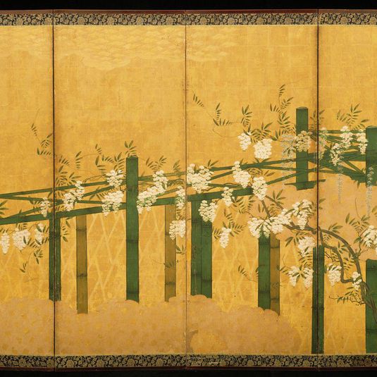 Blue and White Wisteria on a Bamboo Trellis