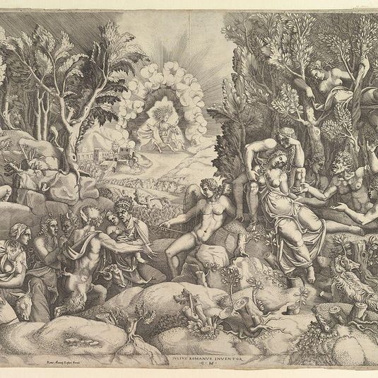 The Death of Procris; Cephalus mournig the death of Procris on the right surrounded by Cupid and mourning satyrs and nymphs, the goddess of dawn in her chariot in the background