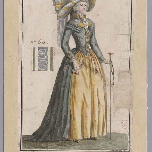 Robe jaune d'or et redingote gris-bleu, grand chapeau blanc à rayures dorées, planche n° 1, Magasin des modes, 16e cahier, 2e année, avril 1787, Fonds d'estampes du XVIIIème siècle