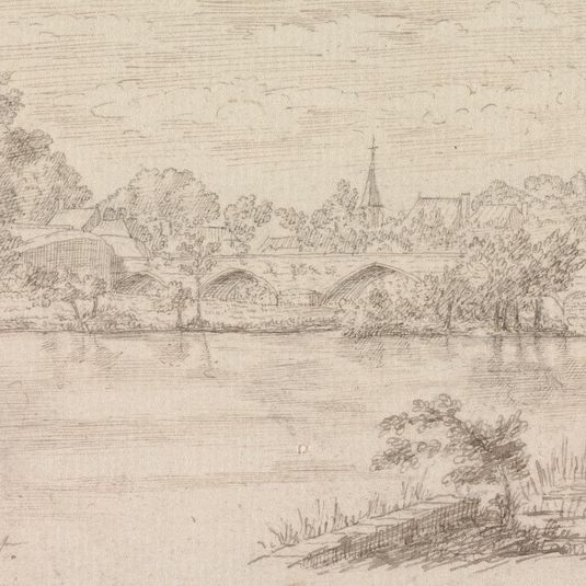 River View of Bridge and Village in a Distance