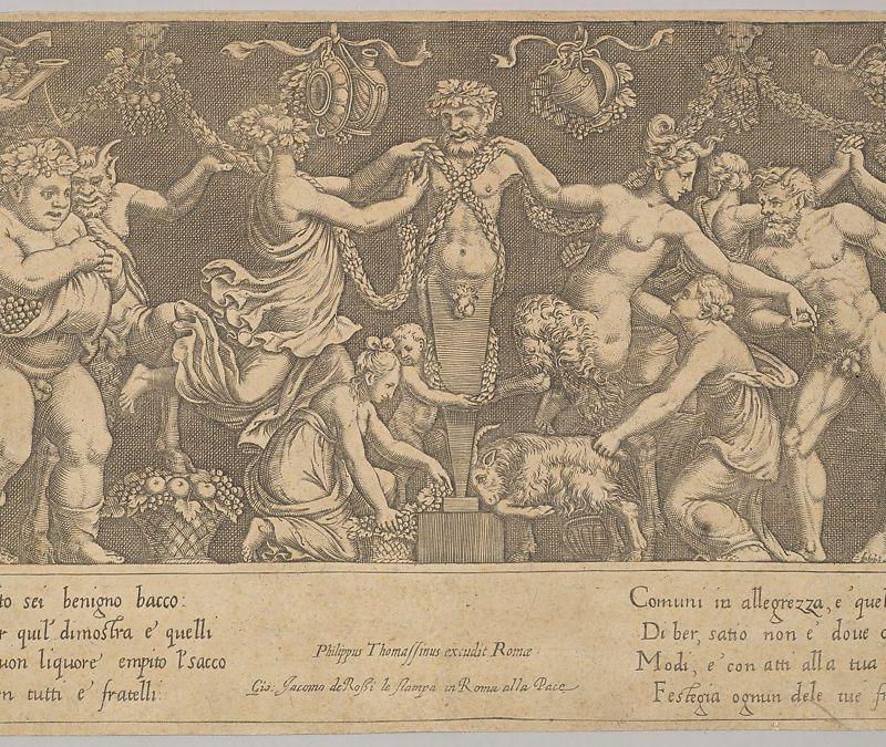 The sacrifice to Priapus who is in the form of a statue in the centre, Bacchus and a satyr at the left
