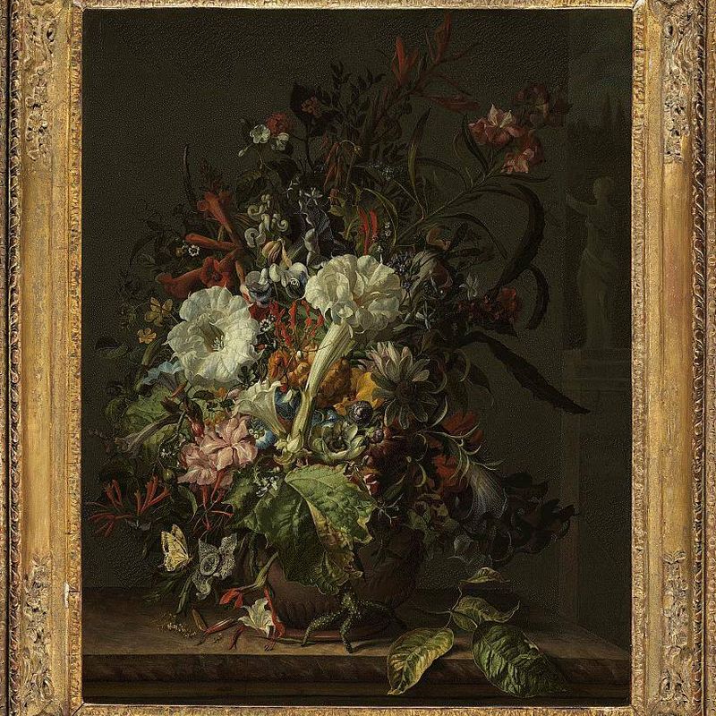 Still Life of Exotic Flowers on a Marble Ledge