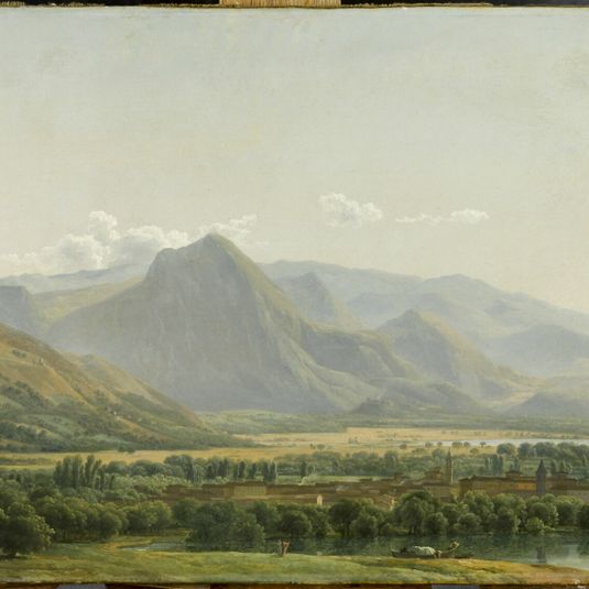 View of the city of Avezzano, on the edge of Lake Cellano, Kingdom of Naples