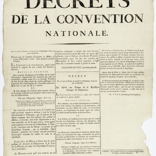 DECRETS/ DE LA CONVENTION/ NATIONALE./ Du 17e. jour de Nivôse, an second de la République Françoise [sic]/ une et indivisible,/ Portant que les Coupons d'assignats et Billets de/ Caisse d'Escompte seront reçus jusqu'au premier/ Ventôse.