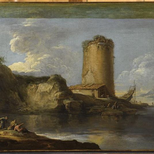 Paysage avec une tour et une barque en construction