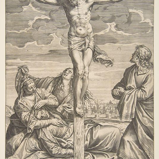 Christ on the cross, Saint John to the right looking toward him, to the left is the fainting Virgin Mary supported by two women