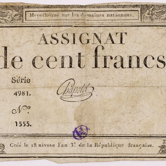 Assignat de 100 francs, série 4981 - n° 1555, 18 Nivôse an 3