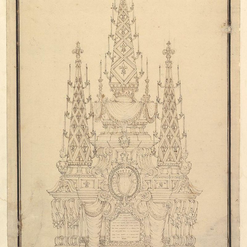 Elevation of a Catafalque, Three Obelisks with Fluer-de-lys and Candles, Dated on Plaque at Bottom 1733.