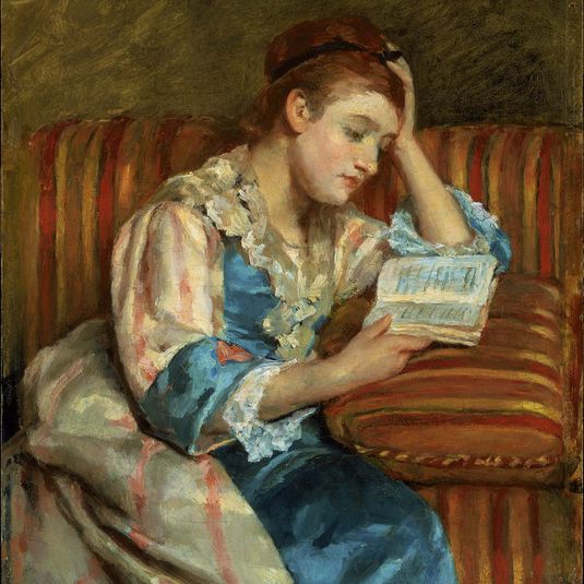 Mrs. Duffee Seated on a Striped Sofa, Reading