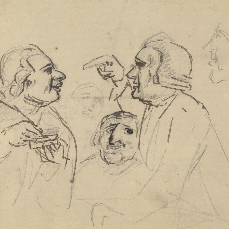 Study of men's heads; two in foreground arguing