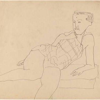 Woman in Checked Sun-Suit, Propped on Elbow