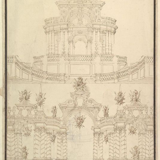 Designs for Componets of Stage Sets: at Bottom: Spiral and Wreathed-Colonnaded Pavillion with Central Arch Surmounted by Military Trophy and Another Hanging Inside Arch; at Top: Centralized Pavillion Decorated by Pediment Surmounted by Fountain.