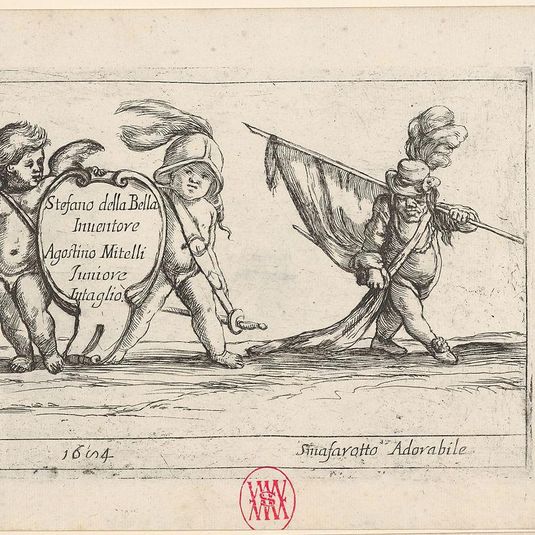 Callot figures; two children carrying a cartouche to left, a dwarf in a plumed hat carrying a standard at right, from 'Six grotesques' (Six pièces de figures grotesques)
