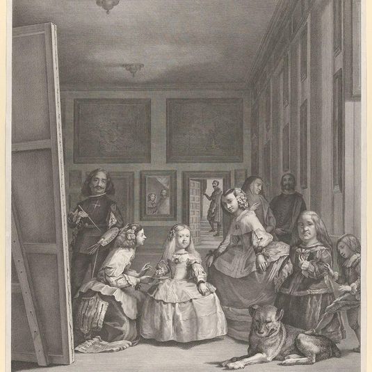Las Meninas: the family of Philip IV in the foreground with the Infanta Margarita in the centre, Velázquez standing painting at left, the King and Queen reflected in the mirror in the background