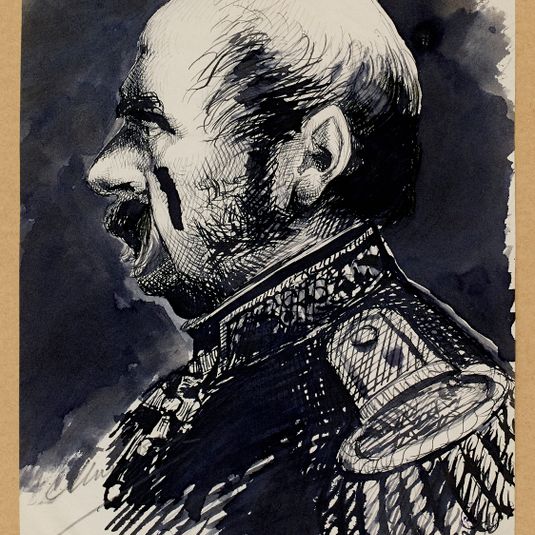 Portrait d'un personnage en costume d'officier exécuté pendant une séance du comité de lecture à la Comédie Française.
