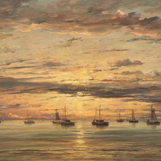 Sunset at Scheveningen:  A Fleet of Fishing Vessels at Anchor