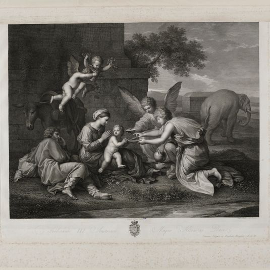 Le repos pendant la fuite en Egypte, avant la lettre, avec armes et dédicace d'après Nicolas Poussin