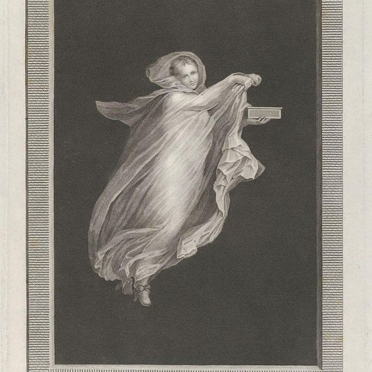 A bacchante wearing a hooded shawl and holding a box in her left hand, set against a black background inside a rectangular frame
