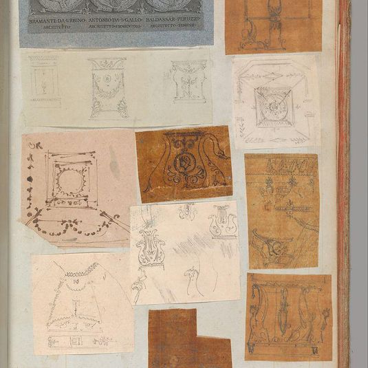 Page from a Scrapbook containing Drawings and Several Prints of Architecture, Interiors, Furniture and Other Objects