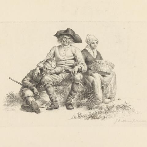 'Een zittend oud man; een slapende Jongen, rustende op zijn knie, nevens hem eene jonge Vrouw'