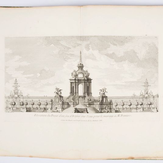Projet d'un feu d'Artifice sur l'eau pour le mariage de Me. Première (Design for Fireworks over Water for the Marriage of Madame Premiere [Elizabeth of France], plate 112, in Oeuvres de Juste-Aurèle Meissonnier