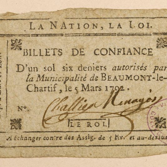 Billet de confiance d'un sol six deniers, municipalité de Beaumont-le-Chartif, 5 mars 1792