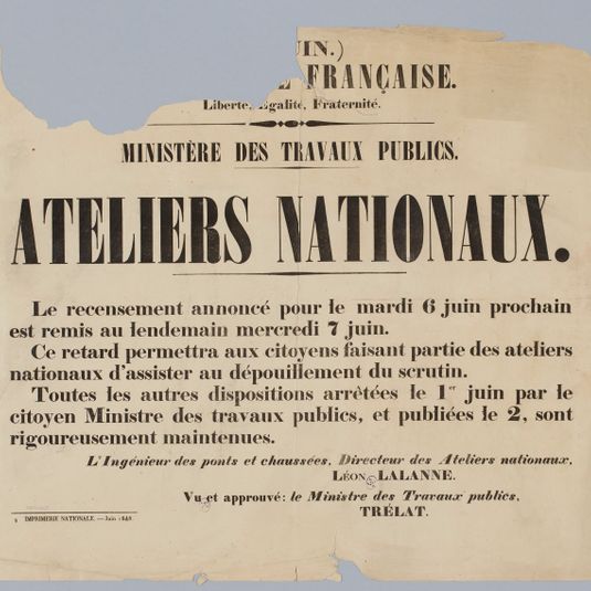 [?] IN.)/ [REPUBLIQUE] FRANCAISE./ Liberté, [E]galité, Fraternité/ MINISTERE DES TRAVAUX PUBLICS./ ATELIERS NATIONAUX.
