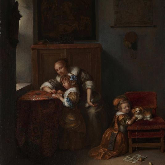 A Lady teaching a Child to read, and a Child playing with a Dog ('La Maîtresse d'école')