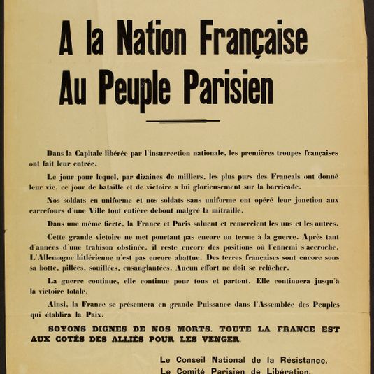 REPUBLIQUE FRANCAISE/ LIBERTE - EGALITE - FRATERNITE/ A la Nation Française/ Au Peuple Parisien