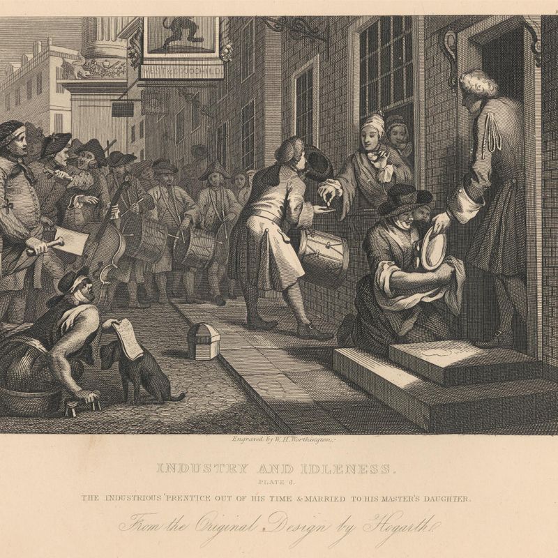 Industry and Idleness, Plate VI, The Industrious 'Prentice out of His Time and Married to His Master's Daughter
