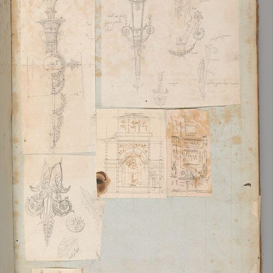 Page from a Scrapbook containing Drawings and Several Prints of Architecture, Interiors, Furniture and Other Objects