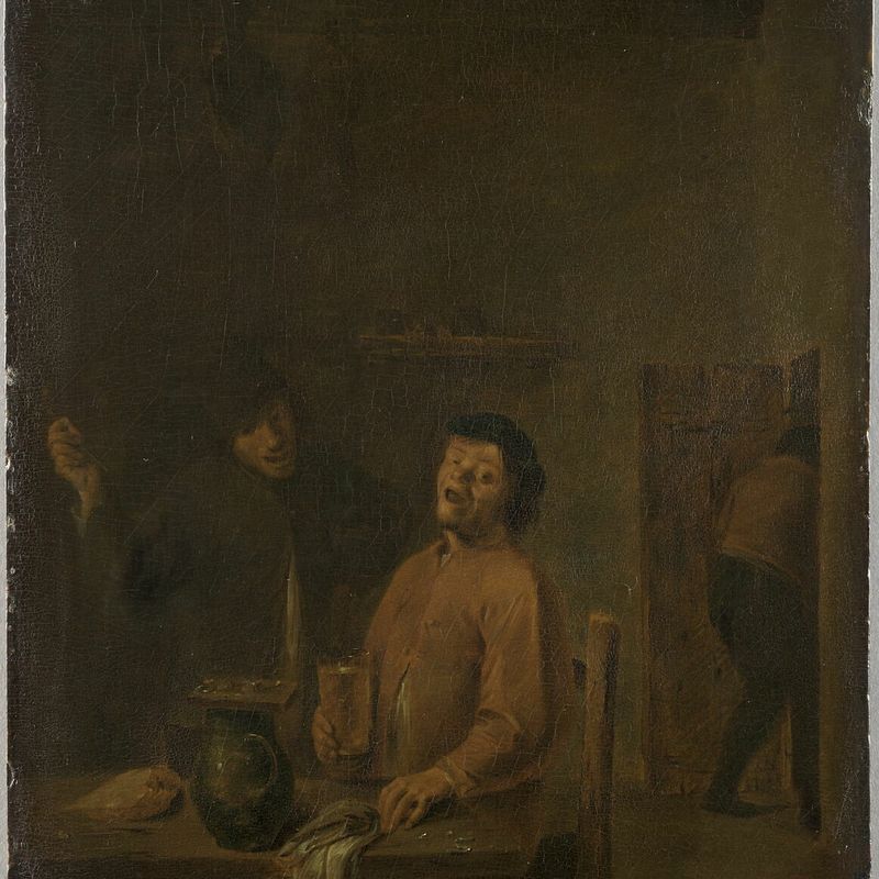 Interior of a cabaret. Beer drinker and smoker singing