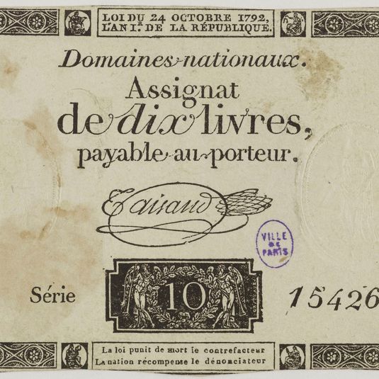 Assignat de 10 livres, série 15426me, 24 octobre 1792